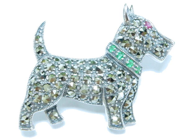 SILVER 925 TERRIER BROOCH WITH MARCASITE, EMERALD AND RUBY