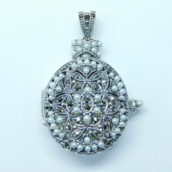 SILVER 925 LOCKET PENDANT WITH MARCASITE AND PEARL