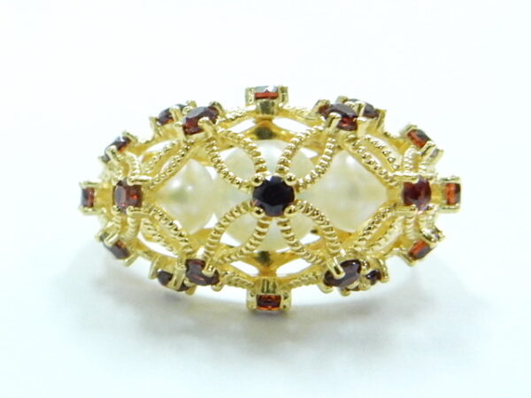 SILVER 925 GOLD PLATED RING WITH GARNET AND PEARL
