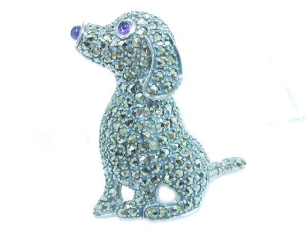 SILVER 925 PUPPY BROOCH WITH MARCASITE AND AMETHYST