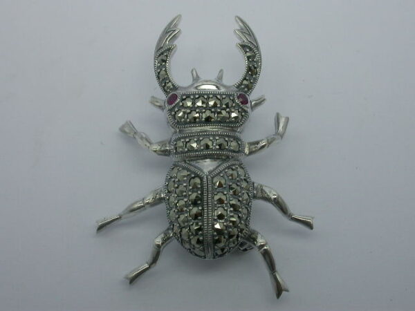 SILVER 925 STAG BEETLE BROOCH WITH RUBY AND MARCASITE