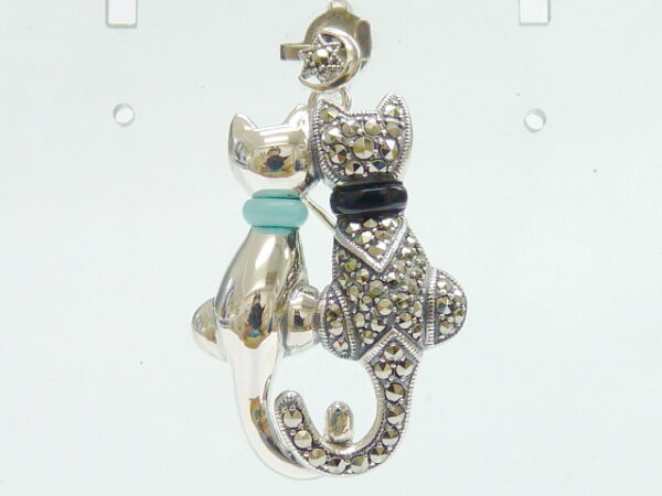 SILVER 925 BROOCH & PENDANT WITH MARCASITE,ONYX AND TURQUOISE