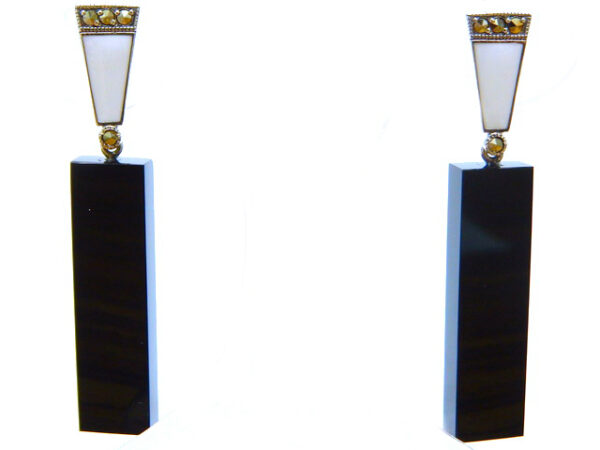 SILVER 925 EARRING WITH WHITE ENAMEL MARCASITE AND ONYX