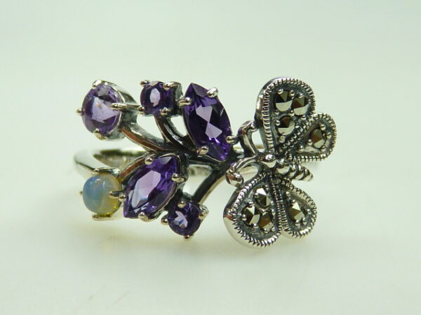 SILVER 925 BUTTERFLY RING WITH MARCASITE,AMETHYST AND OPAL