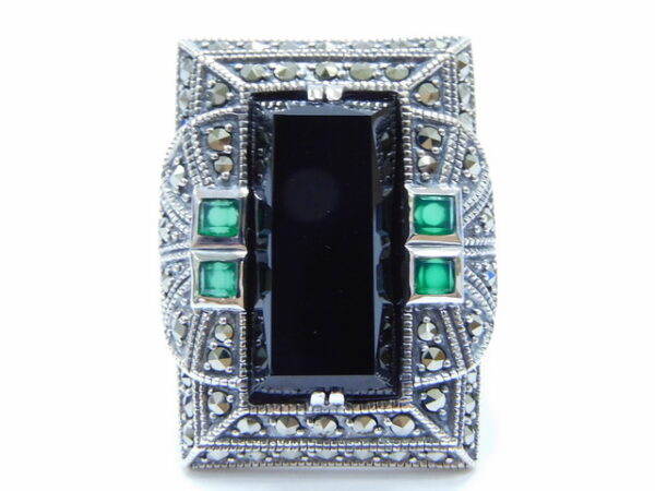 SILVER 925 RING WITH MARCASITE,GREEN AGATE AND ONYX