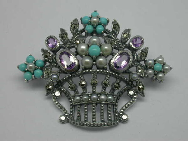 925 SILVER FLOWER BASKET BROOCH & PENDANT WITH  MARCASITE, PEARL,TURQUOISE AND AMETHYST