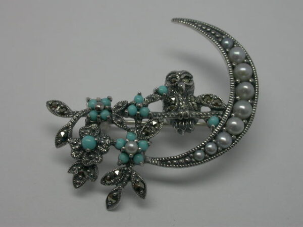 SILVER 925 BROOCH WITH MARCASITE,  PEARL AND TURQUOISE