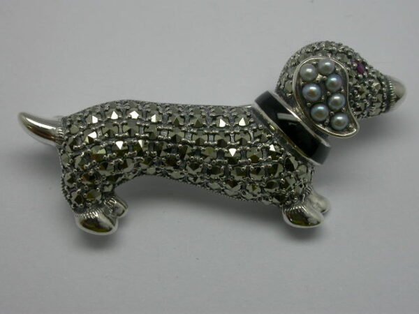 SILVER 925 BROOCH WITH MARCASITE,PEARL AND RUBY