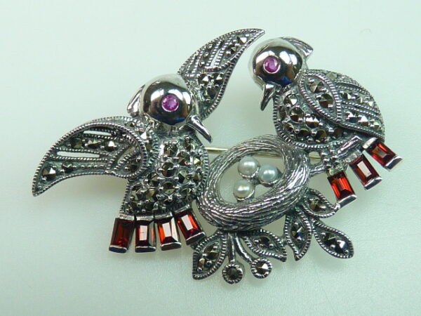 SILVER 925 BROOCH & PENDANT WITH MARCASITE, PEARL, RUBY AND GARNET