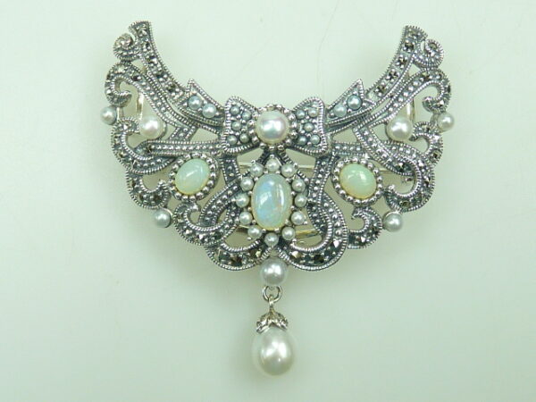 SILVER 925 BROOCH & PENDANT WITH MARCASITE, PEARL AND OPAL