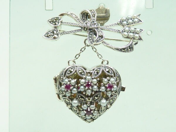 SILVER 925 BROOCH & PENDANT WITH MARCASITE,PEARL AND RUBY
