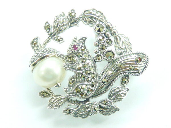 SILVER 925 SQUIRREL BROOCH & PENDANT WITH MARCASITE, PEARL AND RUBY