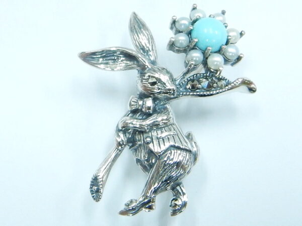 SILVER 925 BROOCH & PENDANT WITH MARCASITE,PEARL AND TURQUOISE