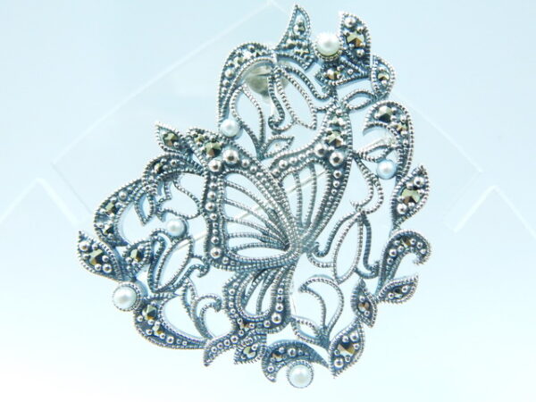 SILVER 925 BROOCH WITH PEARL AND MARCASITE