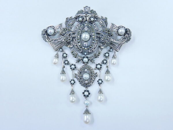 SILVER 925 BROOCH & PENDANT WITH MACASITE ,PEARL AND WHITE CZ