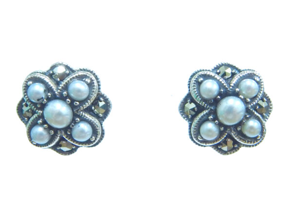 SILVER 925 EARRING WITH MACASITE AND PEARL