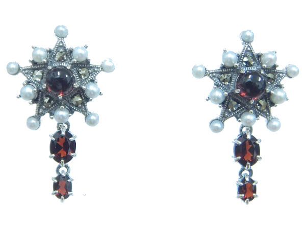 SILVER 925 EARRING WITH MARCASITE, PEARL AND GARNET