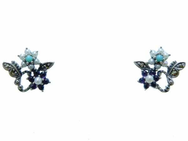 SILVER 925 EARRING WITH MARCASITE,PEARL,TURQUOISE AND AMETHYST