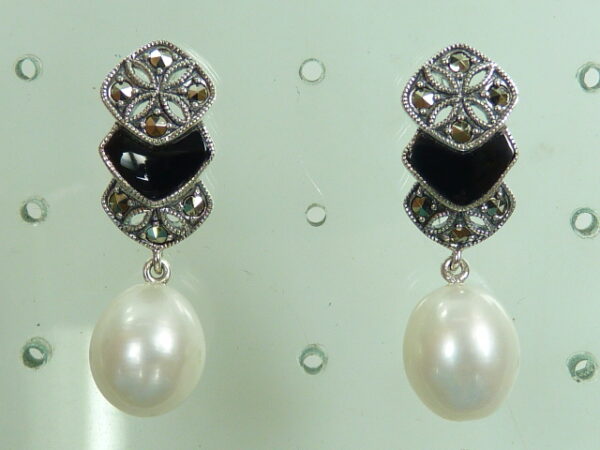 SILVER 925 EARRING WITH  MARCASITE,PEARL AND ONYX