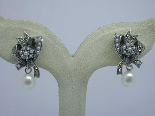 SILVER 925 EARRING WITH MARCASITE AND PEARL