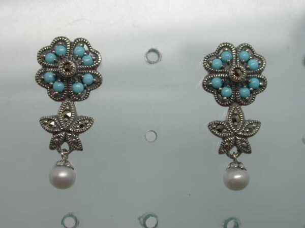 SILVER 925 EARRING WITH MARCASITE, PEARL AND TURQUOISE