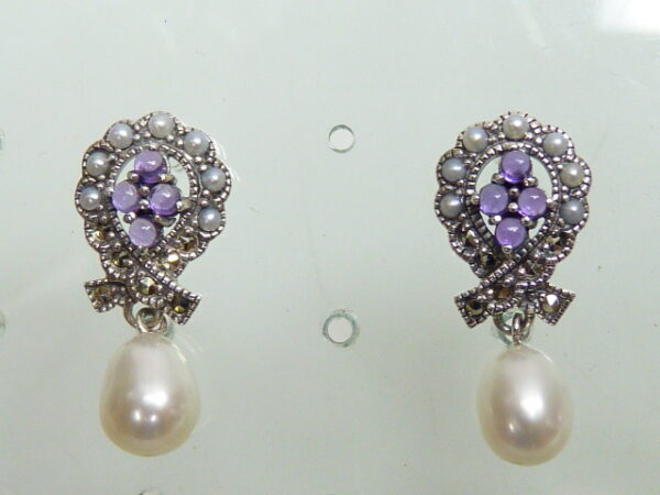 SILVER 925 EARRING WITH MARCASITE, PEARL AND AMETHYST