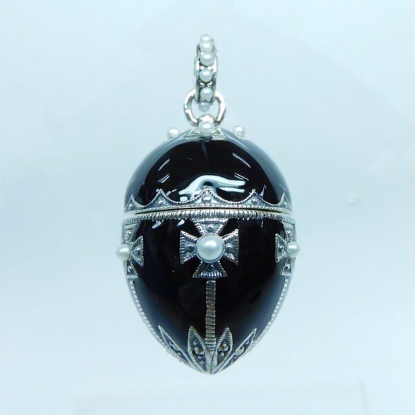 SILVER 925 EGG PENDANT WITH BLACK ENAMEL, MARCASITE AND PEARL