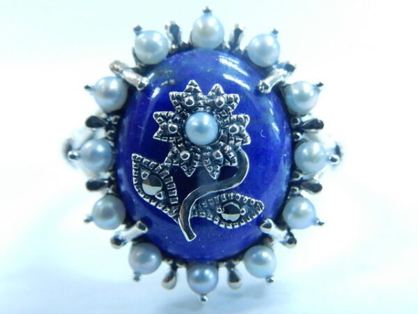 SILVER 925 RING WITH MARCASITE, PEARL AND LAPIS