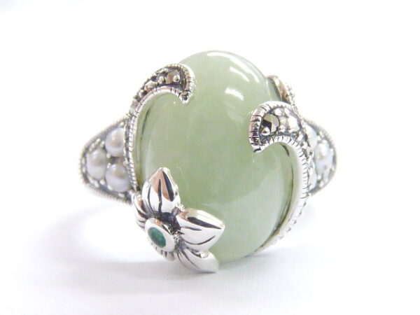 SILVER 925 RING WITH MACASITE,PEARL,EMERALD AND GREEN JADE