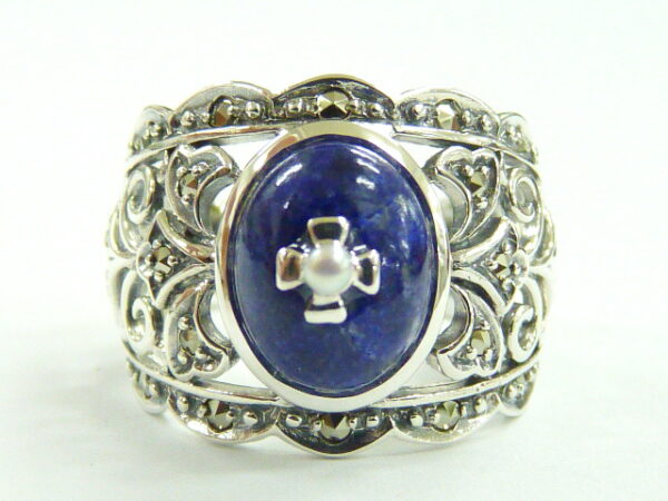 SILVER 925 RING WITH MACASITE,PEARL AND LAPIS