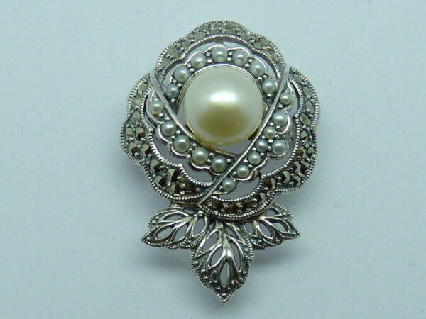 SILVER 925 ROSE BUD BROOCH & PENDANT WITH MARCASITE AND PEARL