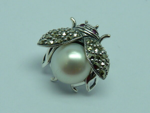 SILVER 925 BROOCH & PENDANT LADYBUG WITH MARCASITE, PEARL AND RUBY