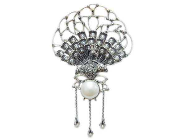 SILVER 925 PEACOCK BROOCH & PENDANT WITH MARCASITE AND PEARL
