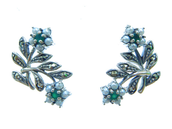 SILVER 925 EARRING WITH MARCASITE, PEARL AND EMERALD