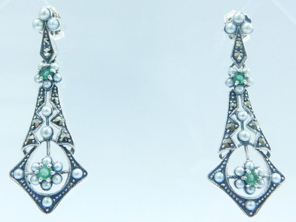 SILVER 925 EARRING WITH MARCASITE,PEARL AND EMERALD