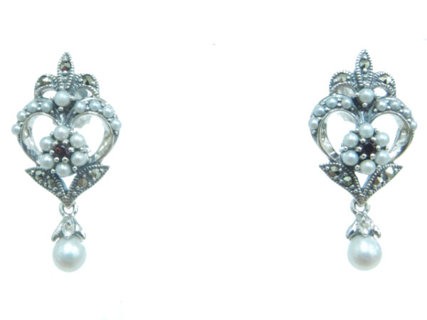 SILVER 925 EARRING WITH MARCASITE, PEARL AND GARNET