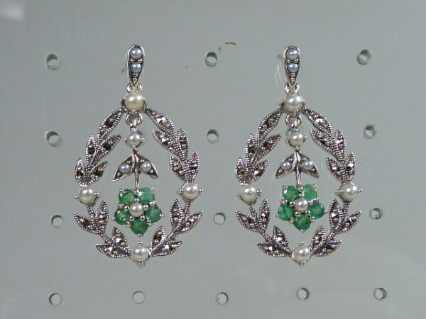 SILVER 925 EARRING WITH MARCASITE, PEARL AND EMERALD
