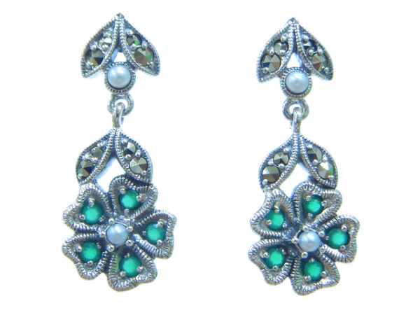 SILVER 925 EARRING WITH MARCASITE, PEARL AND GREEN AGATE
