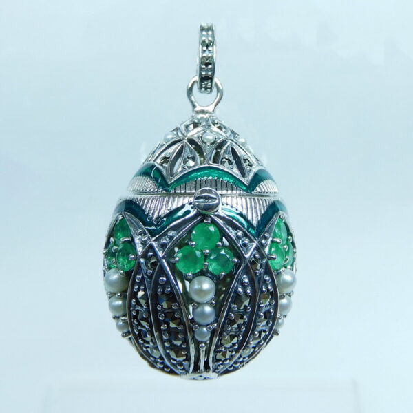 SILVER 925 EGG PENDANT WITH GREEN ENAMEL, MARCASITE,PEARL AND EMERALD