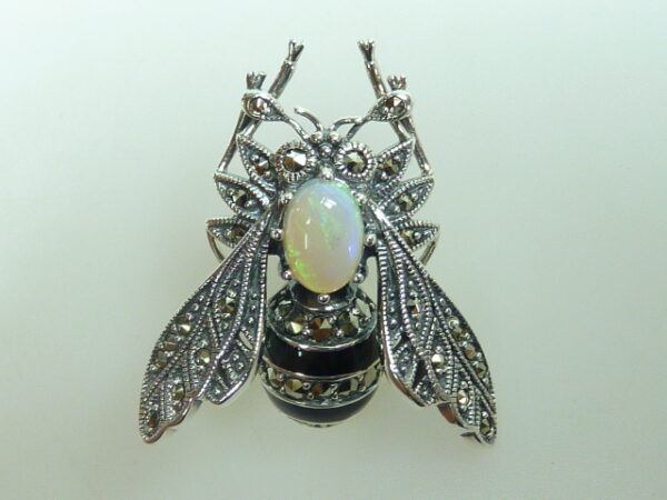 SILVER 925 BEES BROOCH WITH MARCASITE AND OPAL