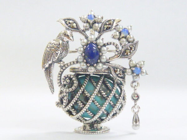 SILVER 925 BROOCH & PENDANT WITH MARCASITE,PEARL,OPAL,TURQUOISE AND LAPIS