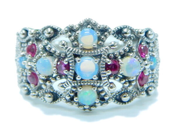 925 SILVER RING WITH OPAL AND RUBY