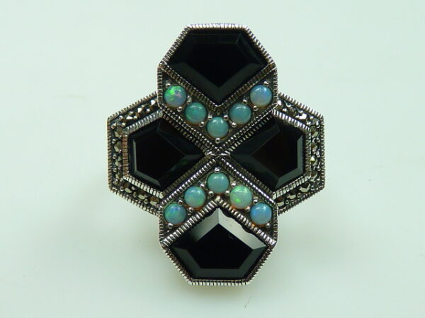 925 SILVER RING WITH MARCASITE, ONYX AND OPAL