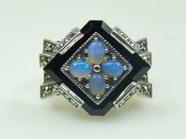 925 SILVER RING WITH MARCASITE, ONYX AND OPAL