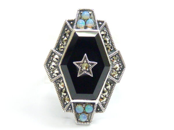 925 SILVER RING WITH MARCASITE, ONYX AND  OPAL