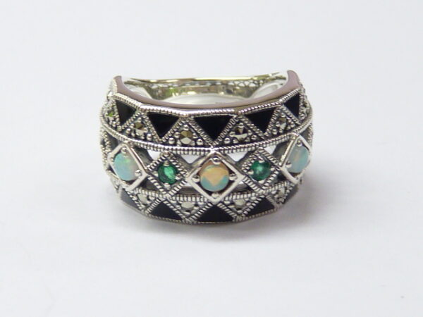 SILVER 925 RING WITH WHITE OPAL, EMERALD, MARCASITE AND ONYX