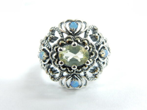 925 SILVER RING WITH LEMON QUARTZ, MARCASITE AND OPAL