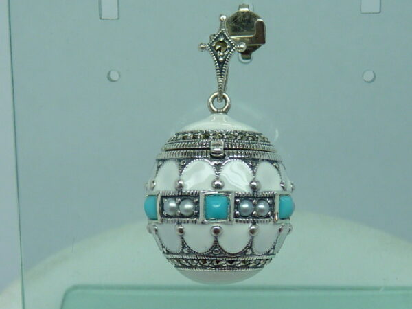 SILVER 925 EGG PENDANT WITH TURQUOISE,MARCASITE AND PEARL