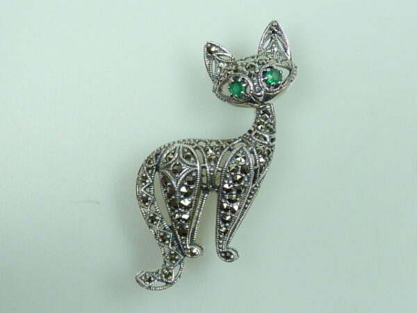 SILVER 925 BROOCH & PENDANT WITH MARCASITE AND GREEN AGATE