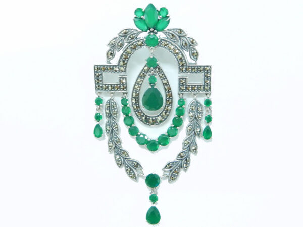 SILVER 925 BROOCH & PENDANT WITH MARCASITE AND GREEN AGATE